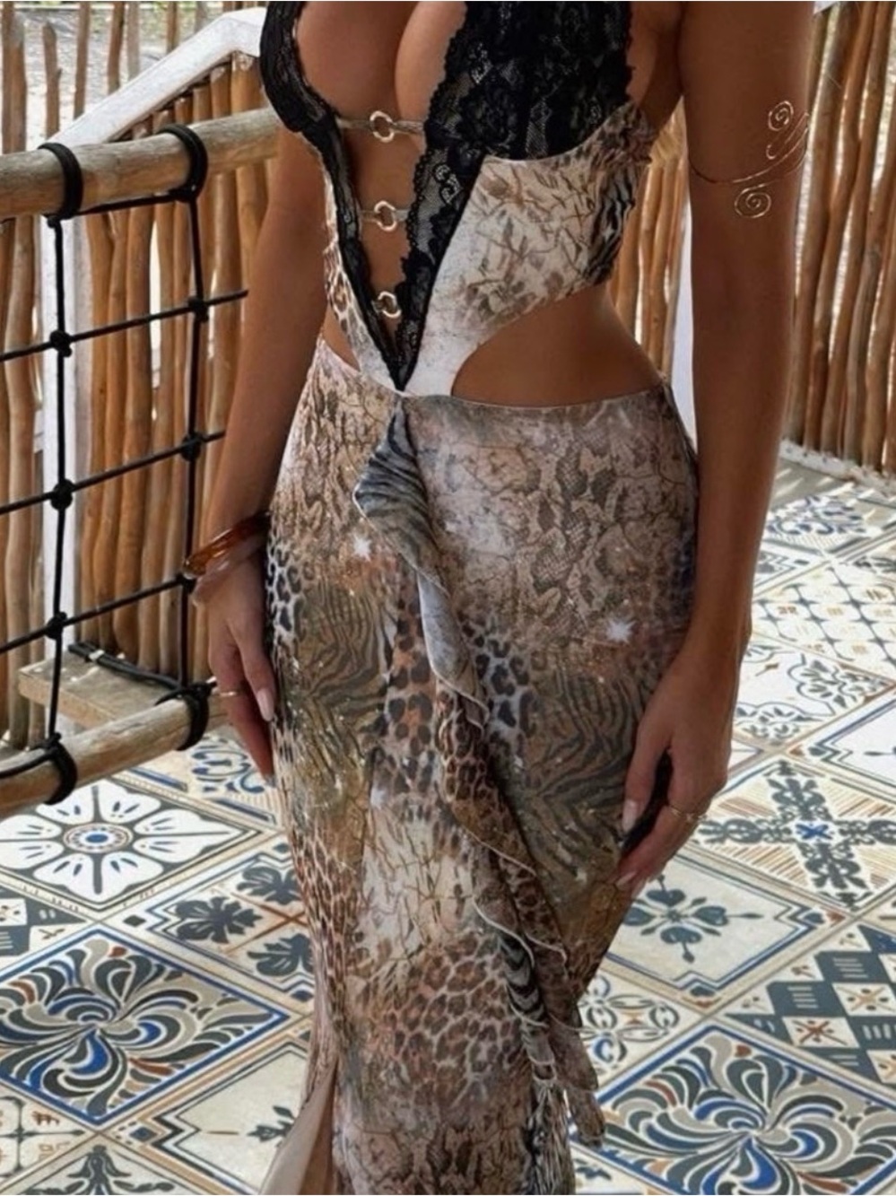 Cutout Maxi Dress in Brown Animal Print — Unbranded